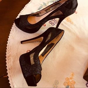 Enzo Angiolini Purple Peep-Toe Sparkling Satin w/ Mesh Cutout Pumps. 7.5